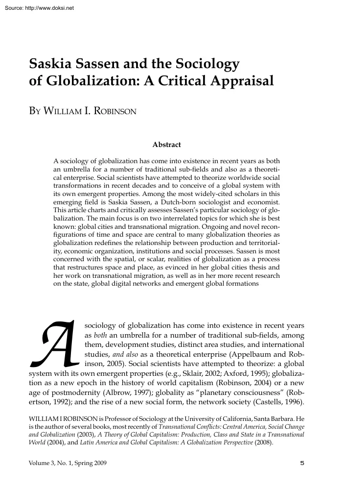 William I. Robinson - Saskia Sassen and the Sociology of Globalization, A Critical Appraisal