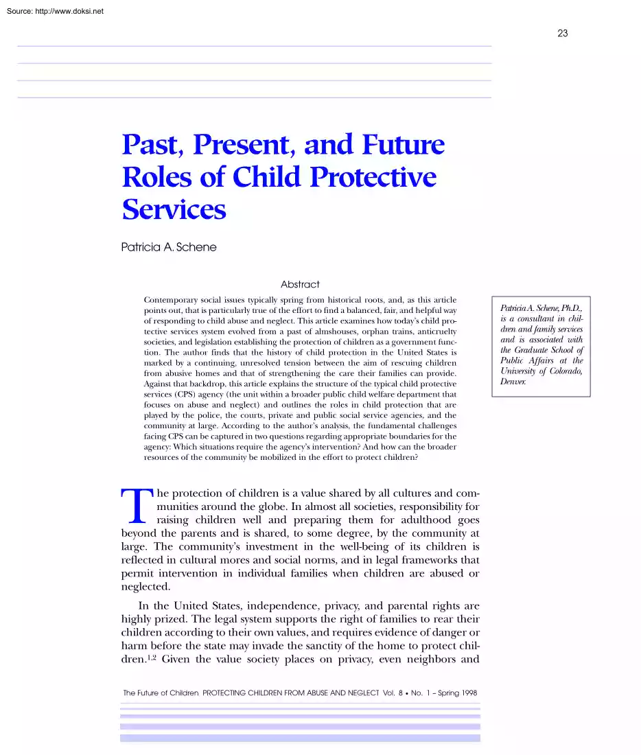 Patricia A. Schene - Past, Present, and Future Roles of Child Protective Services