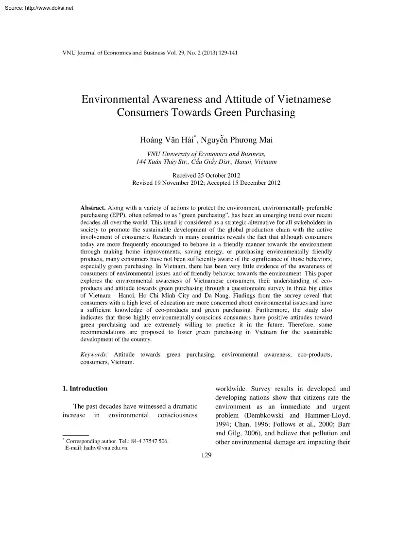 Van-Phuong - Environmental Awareness and Attitude of Vietnamese Consumers Towards Green Purchasing