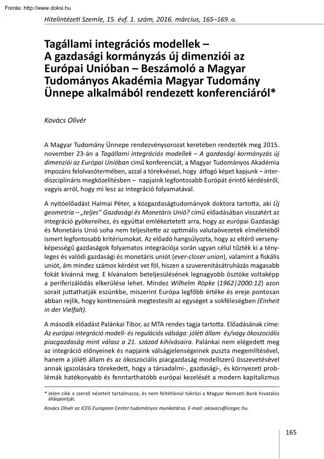 Kovács Olivér - Tagállami integrációs modellek - A gazdasági kormányzás új dimenziói az Európai Unióban