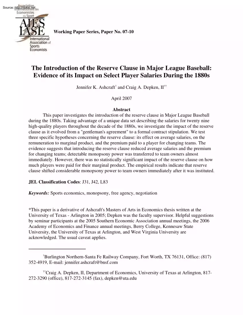 Ashcraft-Depken - The Introduction of the Reserve Clause in Major League Baseball, Evidence of its Impact on Select Player Salaries During the 1880s