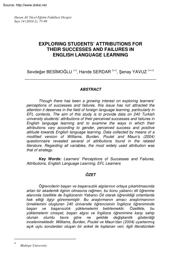 Besimoglu-Serdar-Yavuz - Exploring Students Attributions for their Successes and Failures in English Language Learning