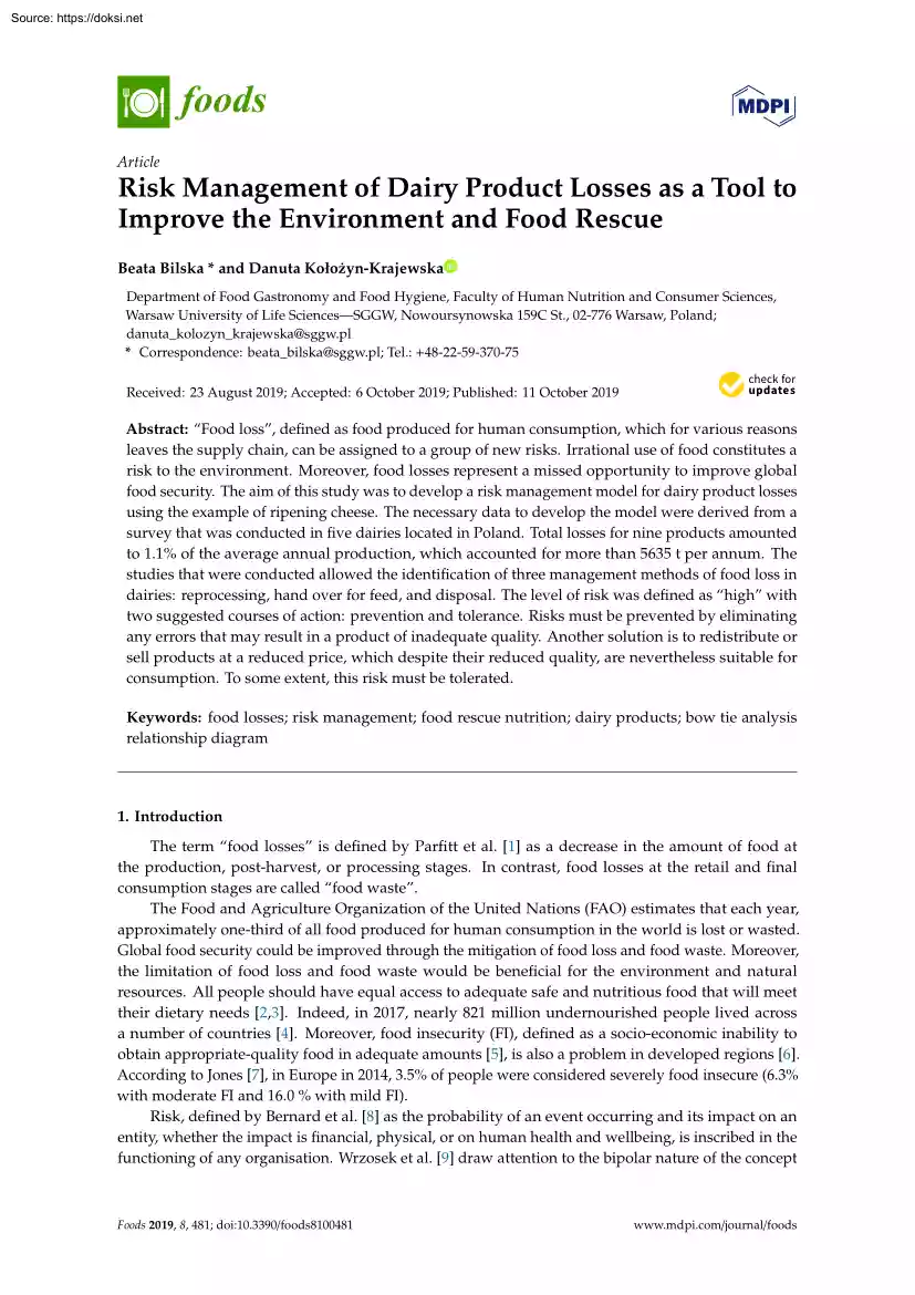 Risk Management of Dairy Product Losses as a Tool to Improve the Environment and Food Rescue