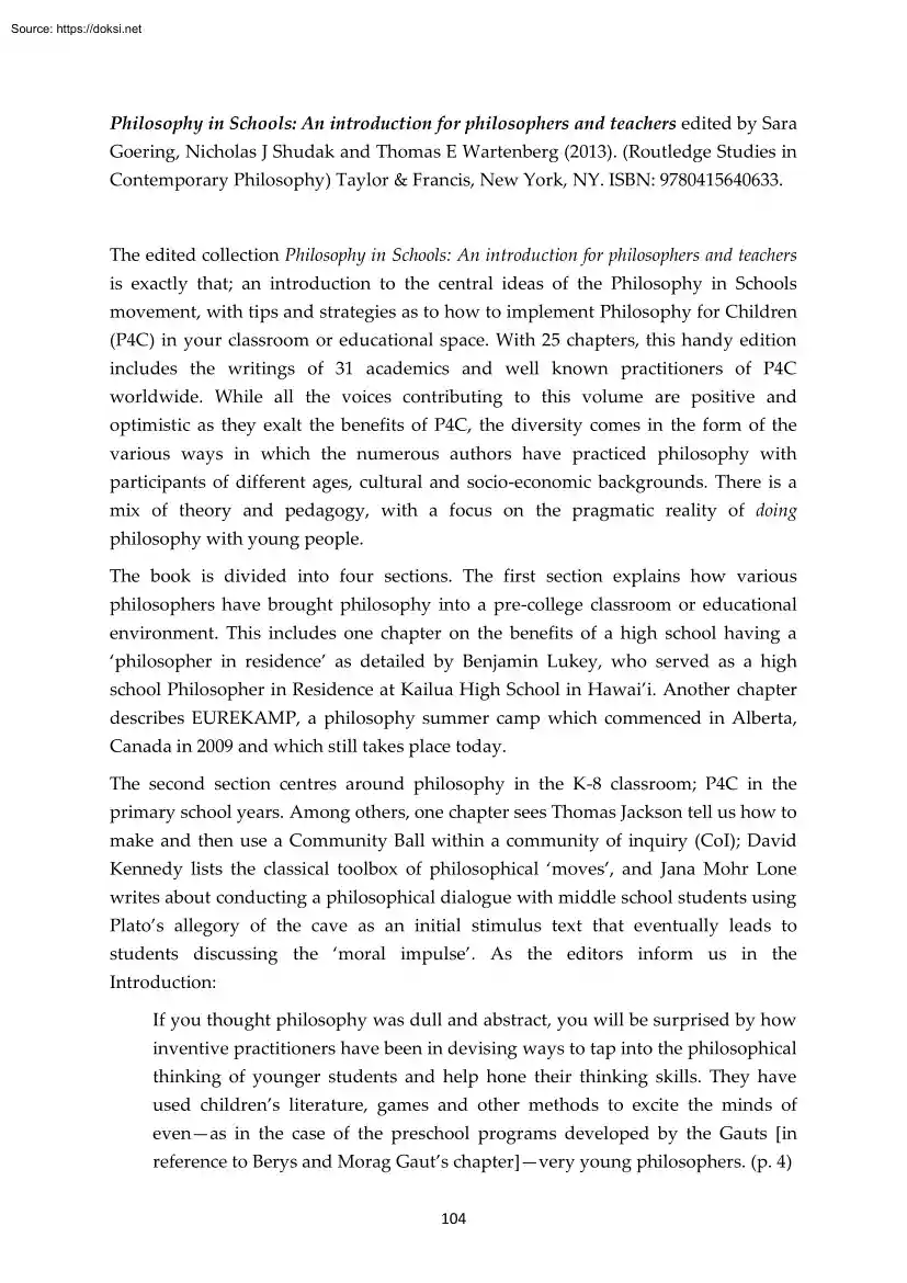 Goering-Shudak-Wartenberg - Philosophy in Schools, An Introduction for Philosophers and Teachers