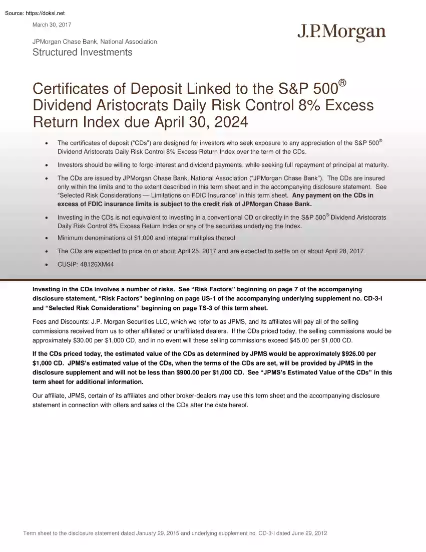 Certificates of Deposit Linked to the S&P 500 Dividend Aristocrats Daily Risk Control 8% Excess Return Index due April 30, 2024
