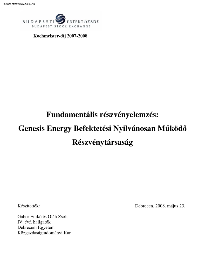Gábor-Oláh - Fundamentális részvényelemzés, a Genesis Energy Befektetési NyRt.
