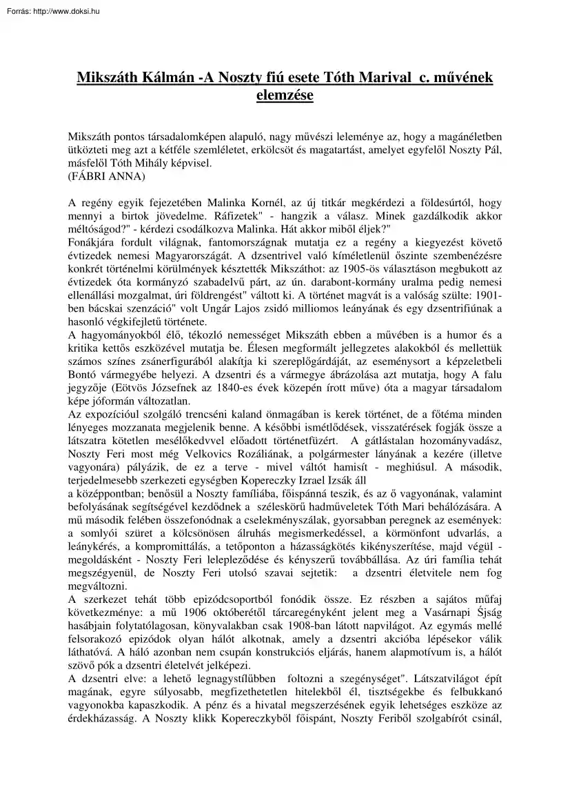 Mikszáth Kálmán, A Noszty fiú esete Tóth Marival  című művének elemzése