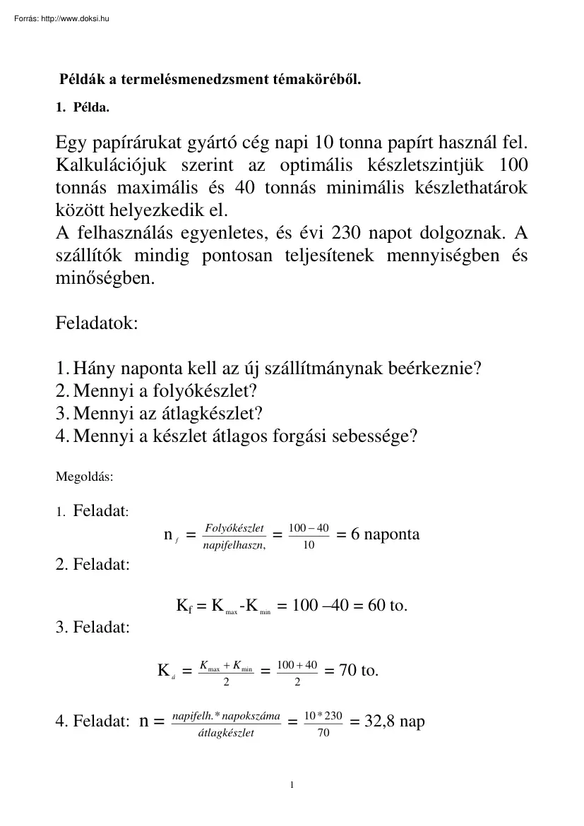 Példák a termelésmenedzsment témaköréből
