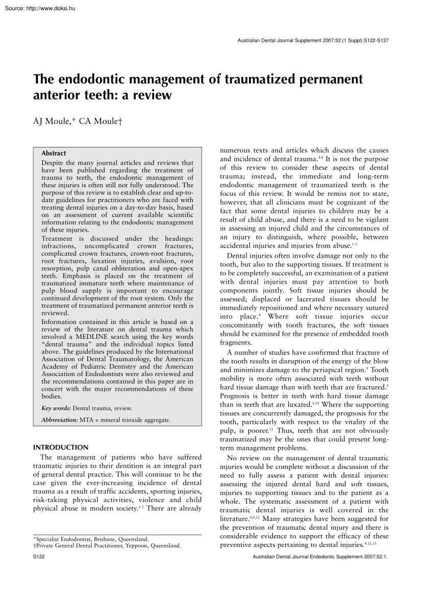 Aj Moule - The endodontic management of traumatized permanent anterior teeth