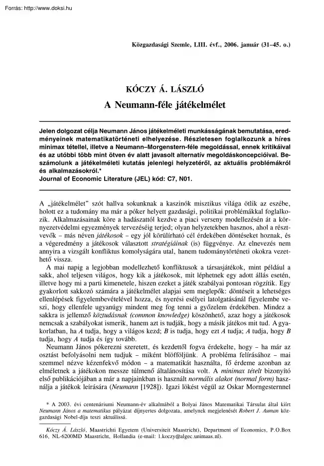 Kóczy László - A Neumann-féle játékelmélet