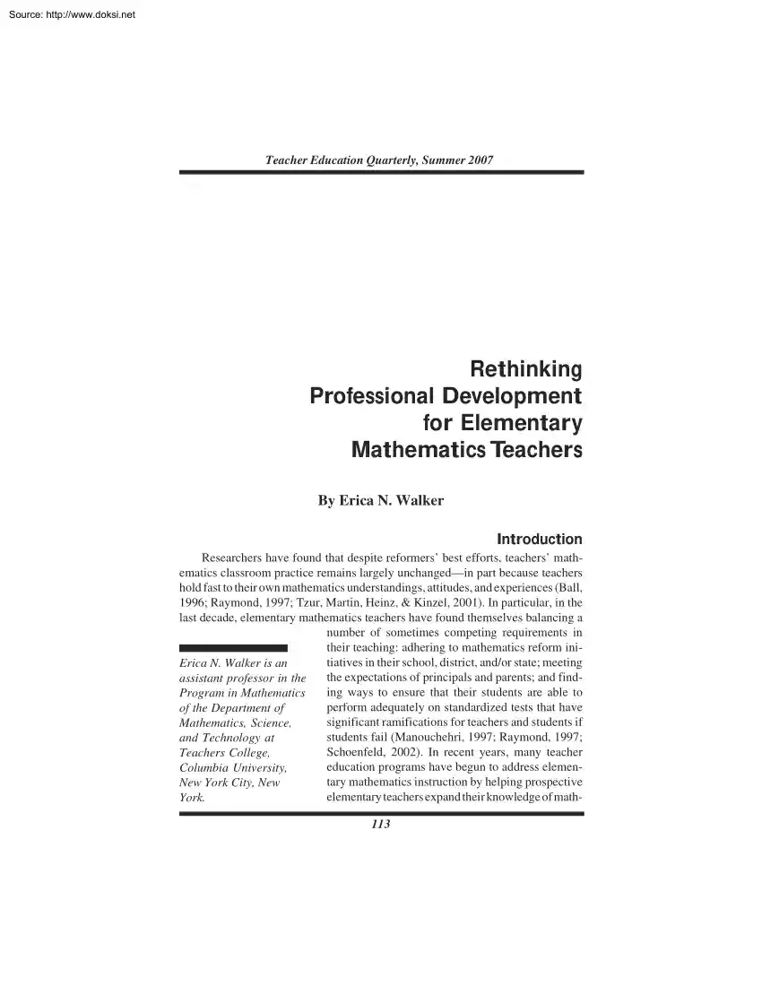 Erica N. Walker - Rethinking Professional Development for Elementary Mathematics Teachers