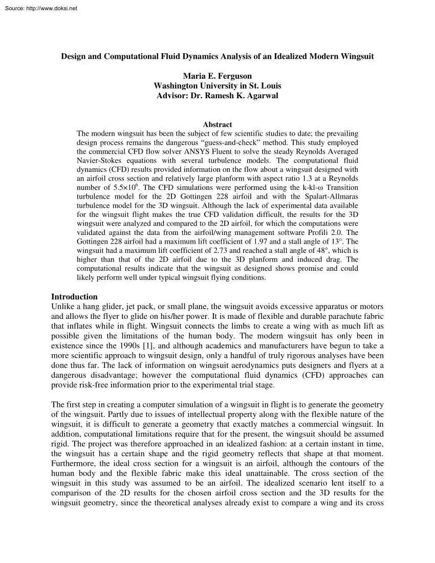 Maria E. Ferguson - Design and Computational Fluid Dynamics Analysis of an Idealized Modern Wingsuit