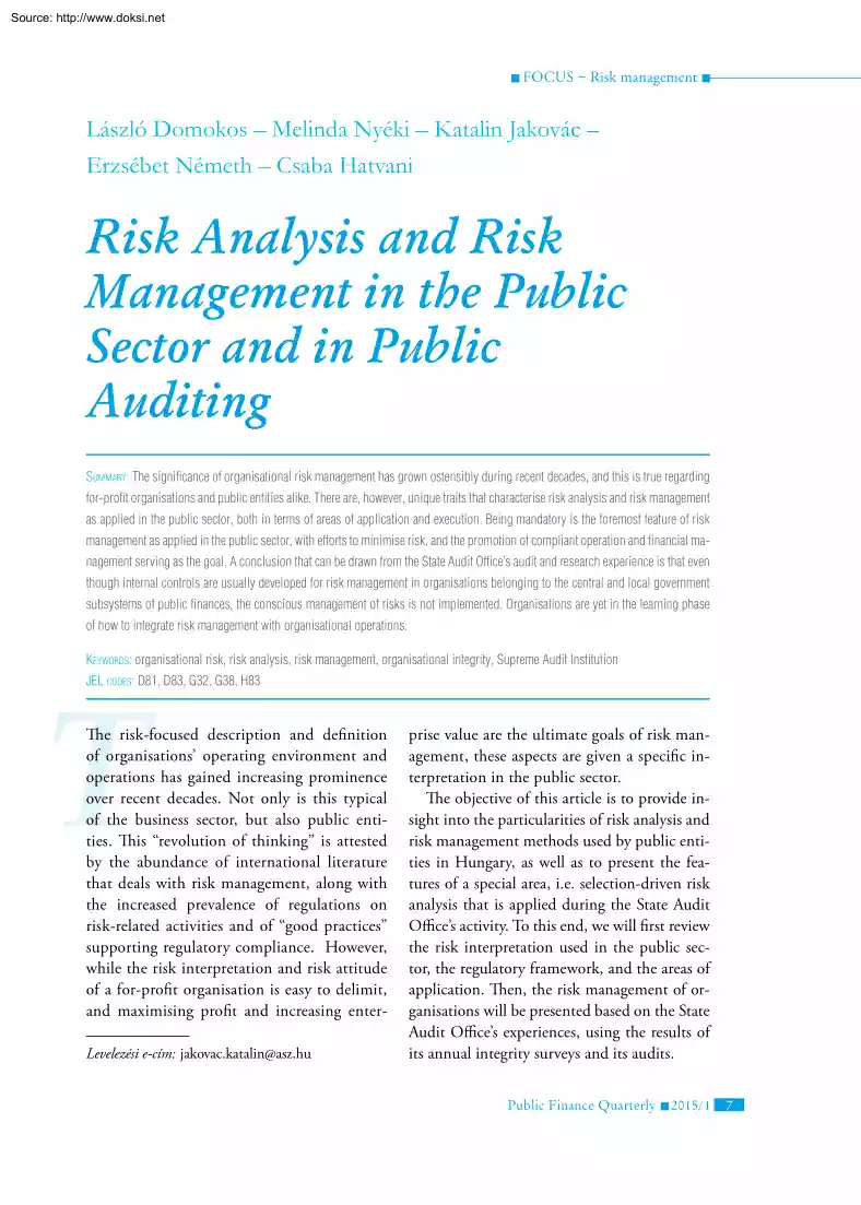 Domokos-Nyéki-Jakovac - Risk Analysis and Risk Management in the Public Sector and in Public Auditing