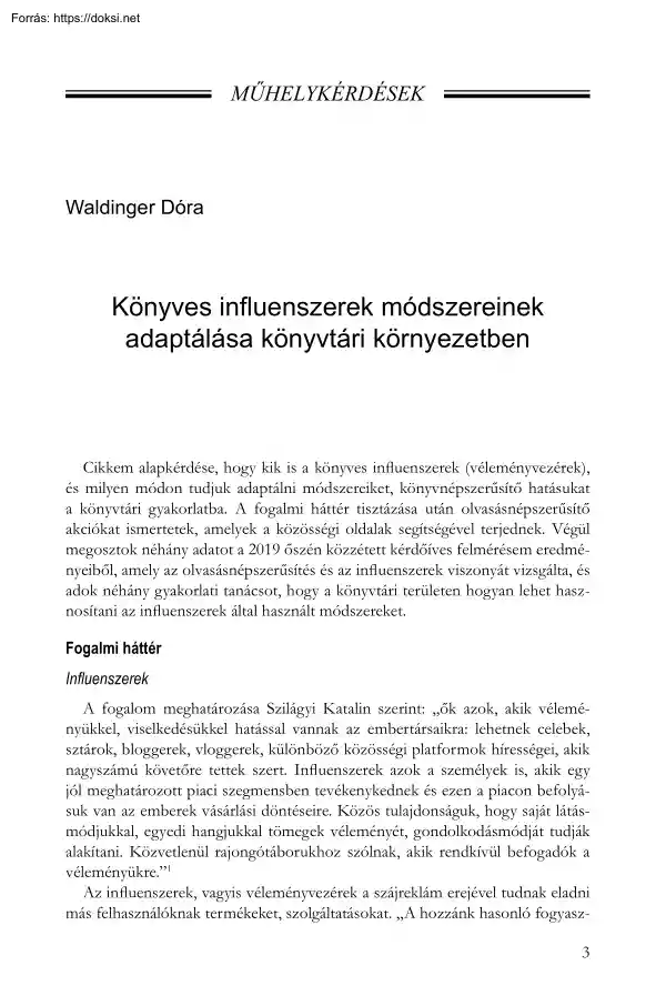 Waldinger Dóra - Könyves influenszerek módszereinek adaptálása könyvtári környezetben