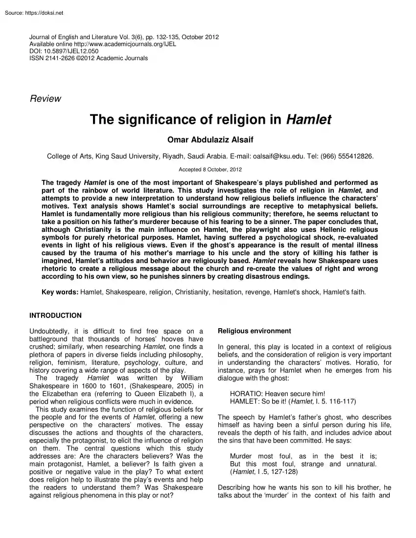 Omar Abdulaziz Alsaif - The Significance of Religion in Hamlet