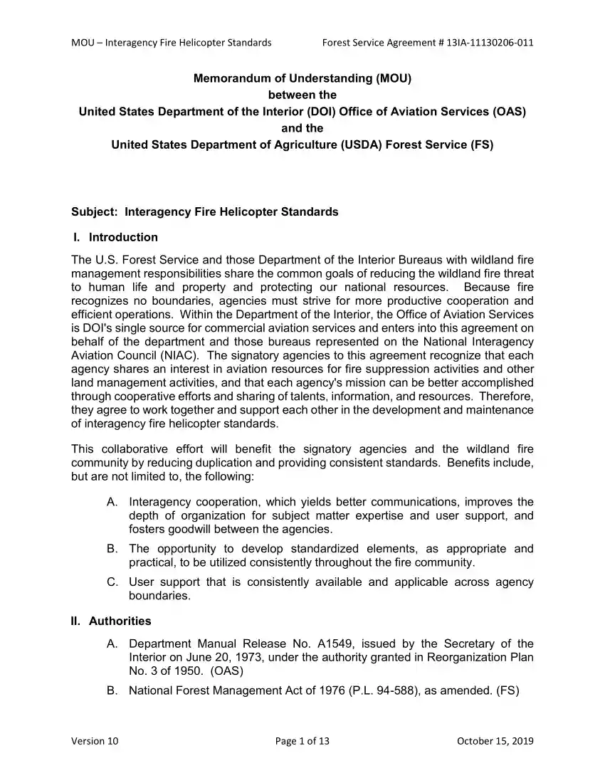 Memorandum of Understanding between the United States Department of the Interior Office of Aviation Services and the United States Department of Agriculture Forest Service