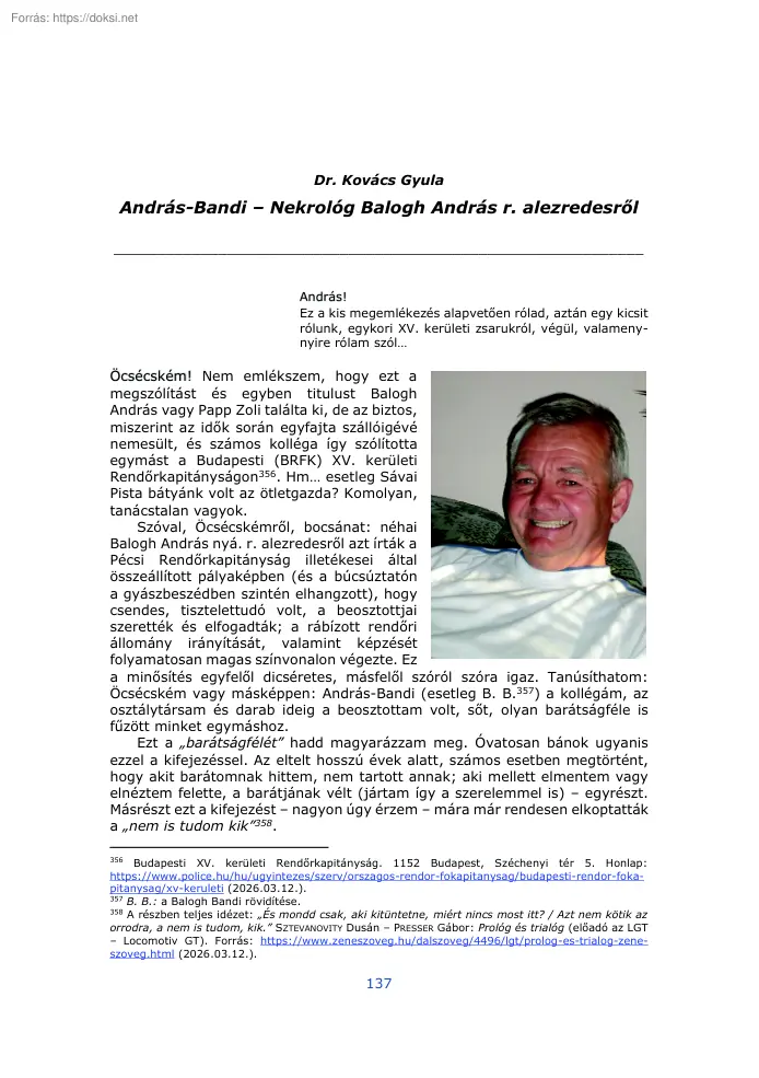 Dr. Kovács Gyula - András-Bandi, nekrológ Balogh András r. alezredesről