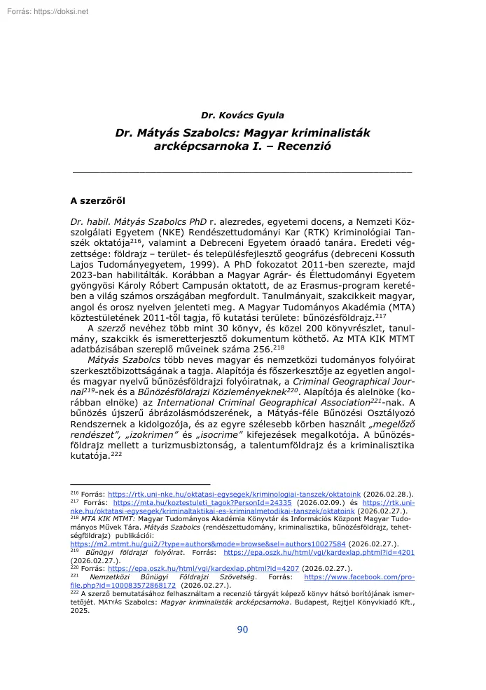Dr. Kovács Gyula - Dr. Mátyás Szabolcs, Magyar kriminalisták arcképcsarnoka I., Recenzió