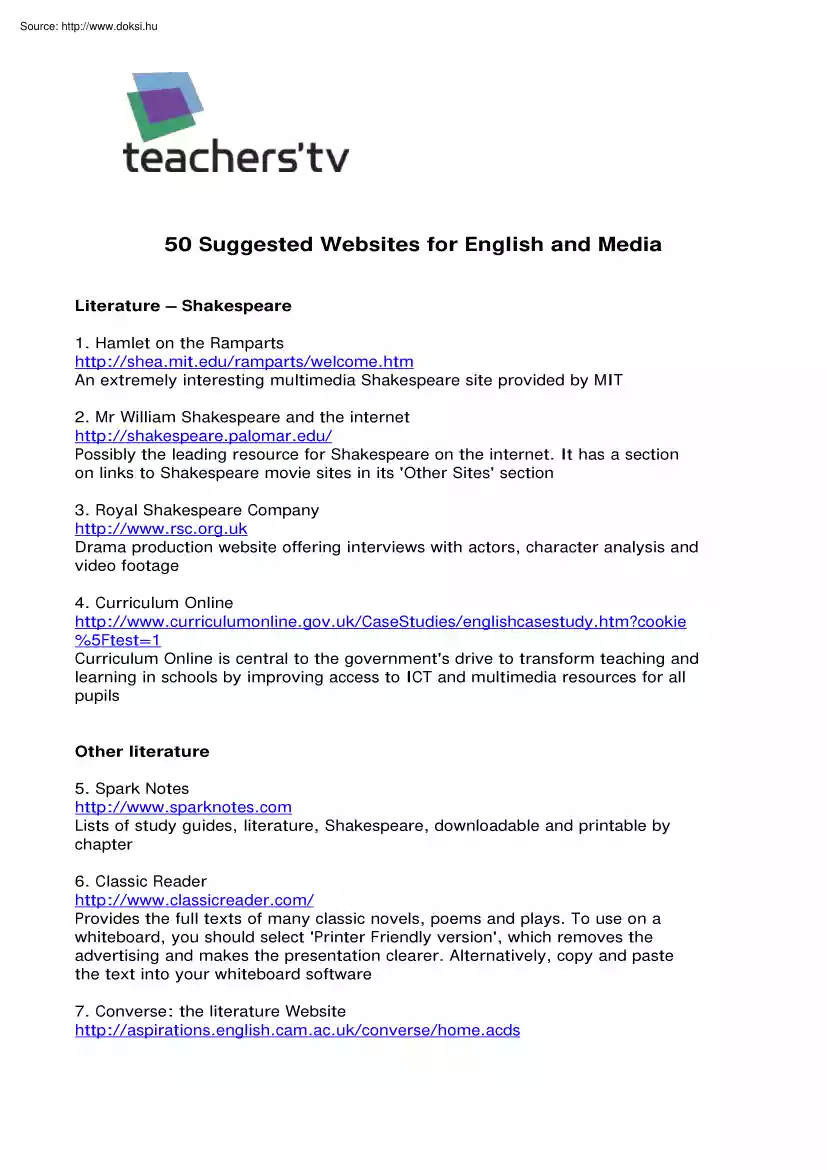 50 suggested websites for English and media