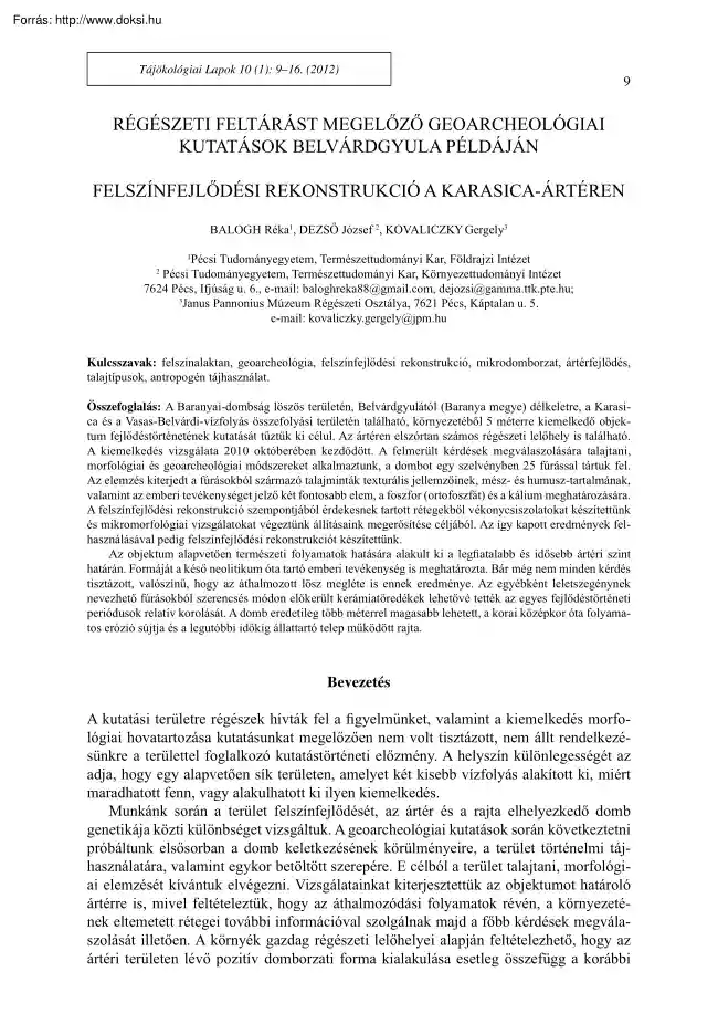 Balogh-Dezső-Kovaliczky - Régészeti feltárást megelőző geoarcheológiai kutatások