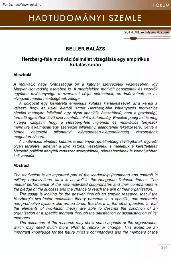 Beller Balázs - Herzberg-féle motivációelmélet vizsgálata egy empirikus kutatás során