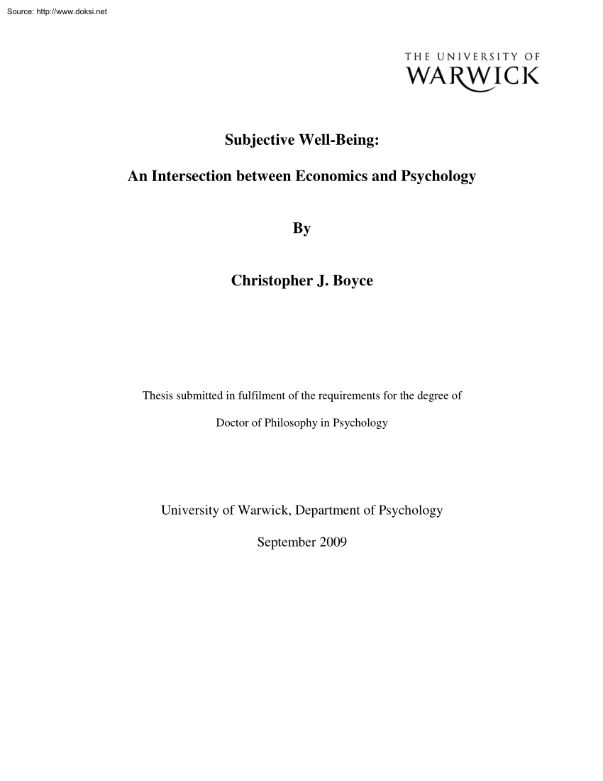Christopher J. Boyce - Subjective Well-Being, An Intersection between Economics and Psychology