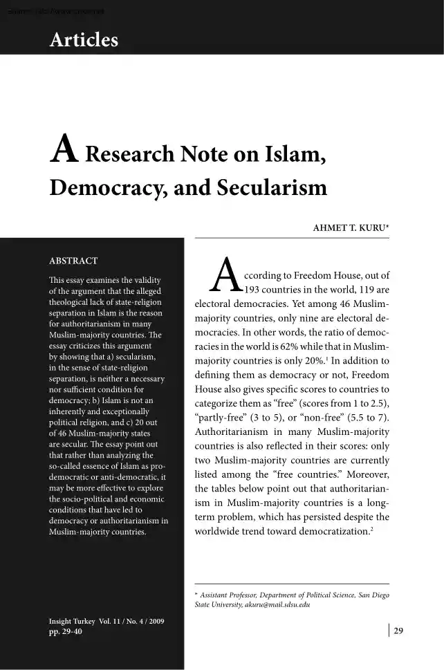 Ahmet T. Kuru - A Research Note on Islam, Democracy, and Secularism
