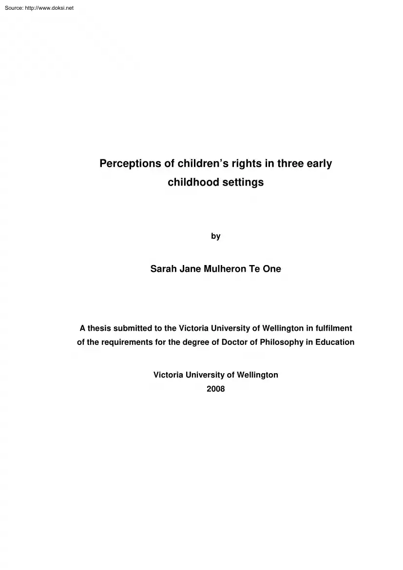 Sarah Jane Mulheron Te One - Perceptions of Childrens Rights in Three Early Childhood Settings