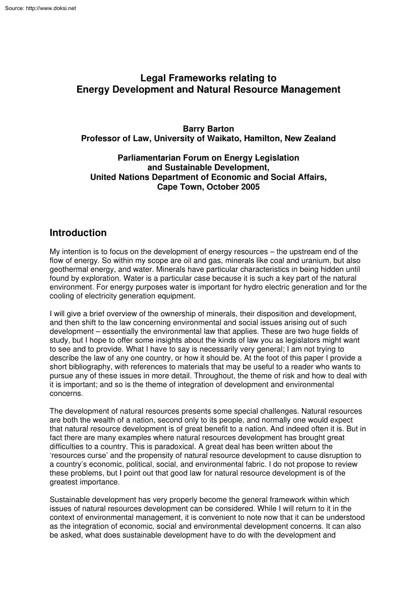 Legal Frameworks relating to Energy Development and Natural Resource Management