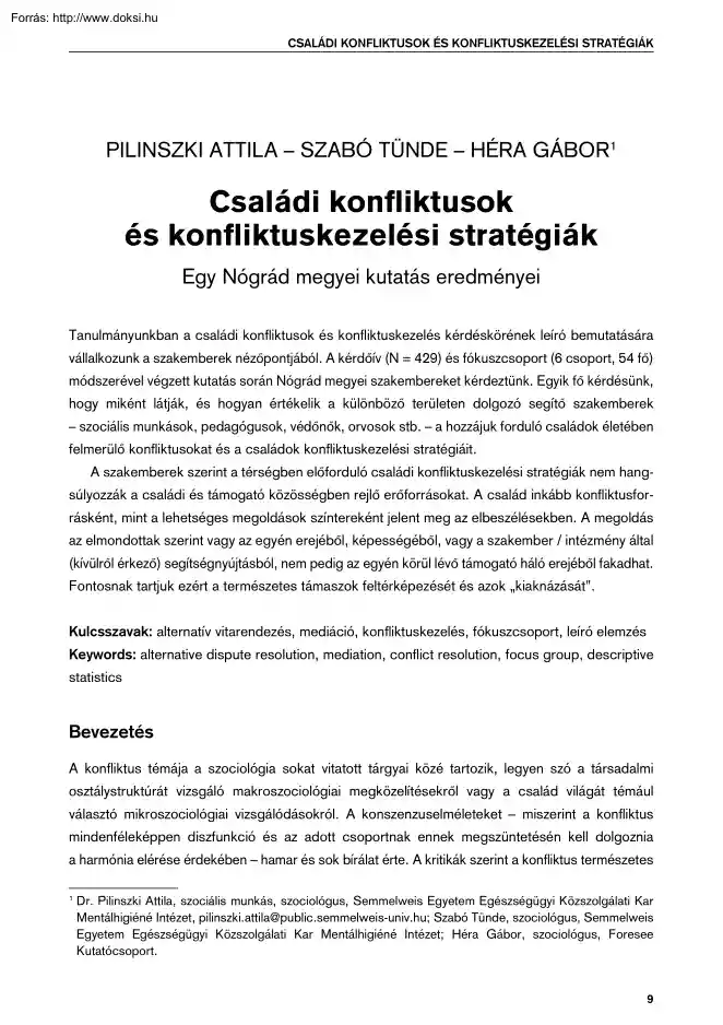 Pilinszki-Szabó-Héra - Családi konfliktusok és konfliktuskezelési stratégiák