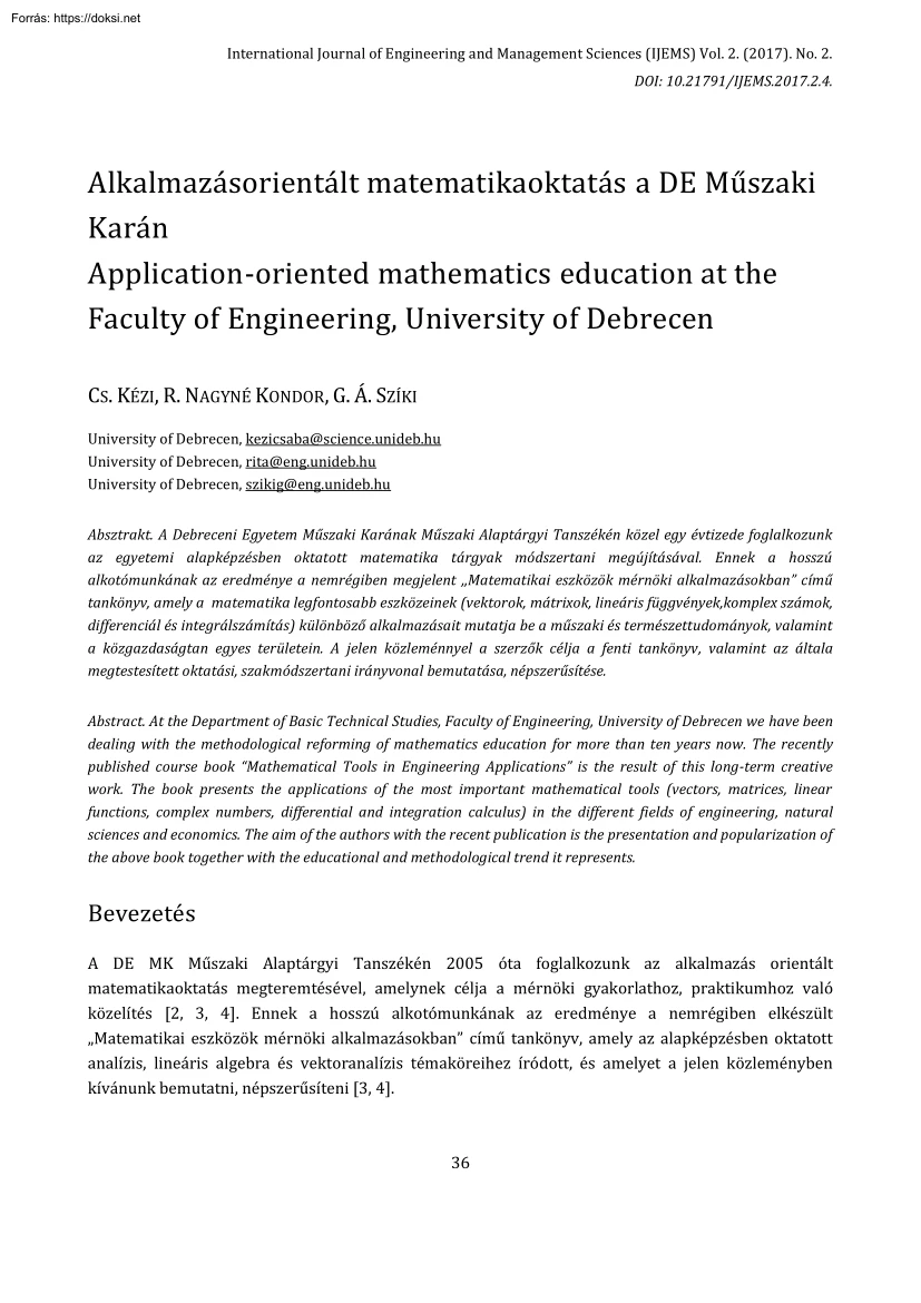 Alkalmazásorientált matematikaoktatás a DE Műszaki Karán