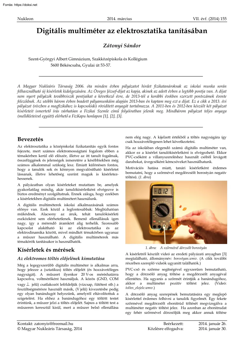 Zátonyi Sándor - Digitális multiméter az elektrosztatika tanításában