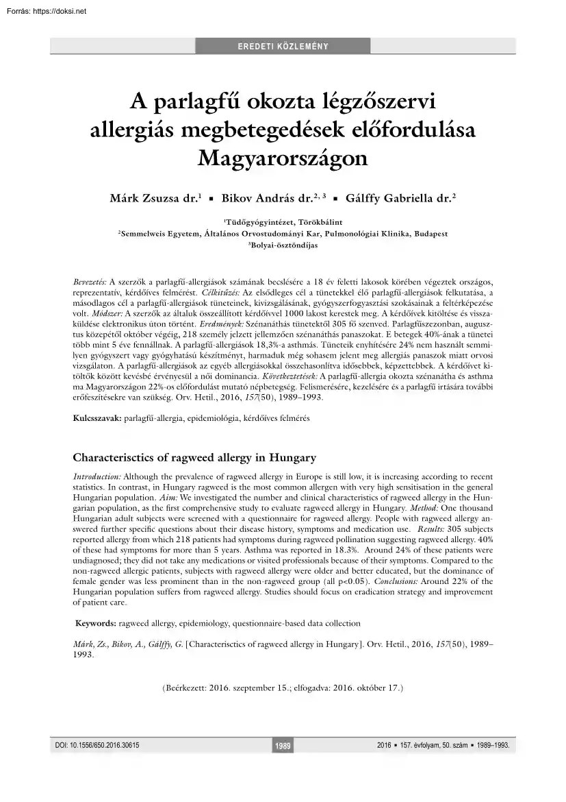 A parlagfű okozta légzőszervi allergiás megbetegedések előfordulása Magyarországon