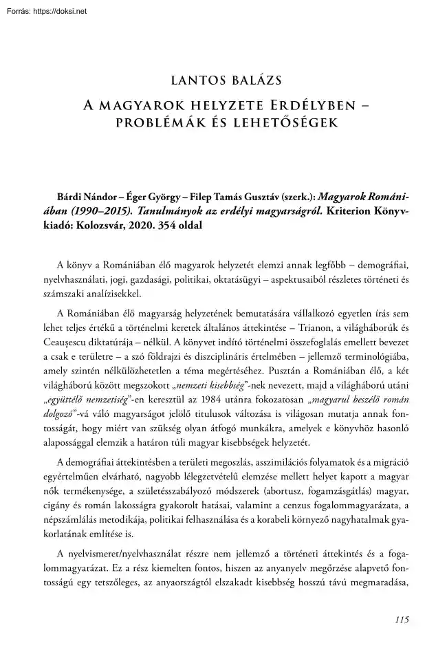 Lantos Balázs - A magyarok helyzete Erdélyben, problémák és lehetőségek