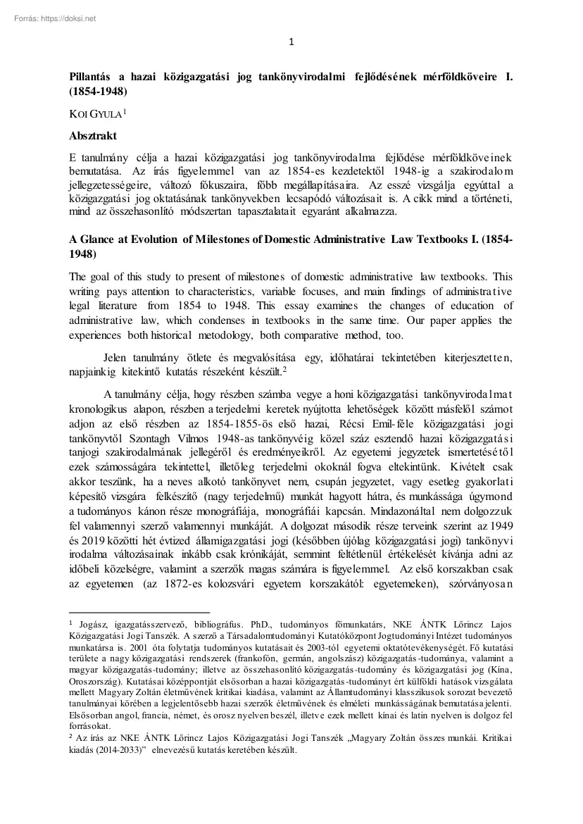 Koi Gyula - Pillantás a hazai közigazgatási jog tankönyvirodalmi fejlődésének