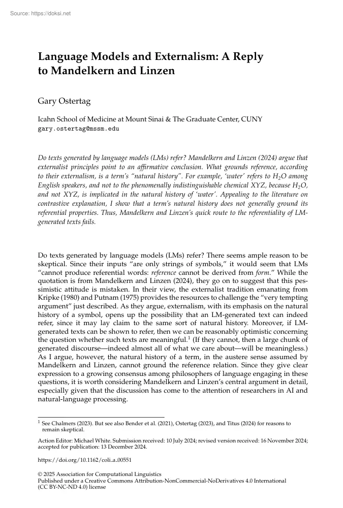 Gary Ostertag - Language Models and Externalism, A Reply to Mandelkern and Linzen