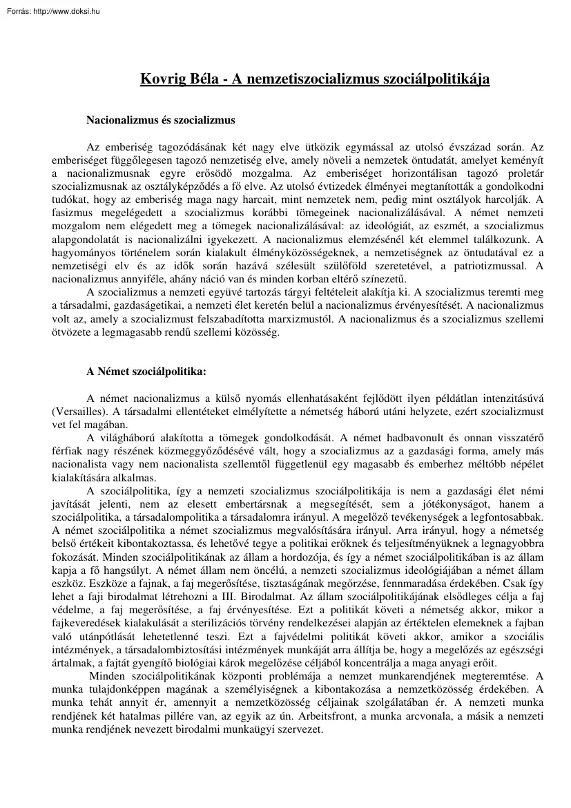 Kovrig Béla - A nemzetiszocializmus szociálpolitikája