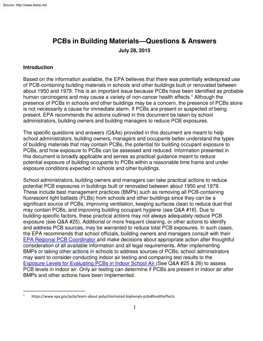 PCBs in Building Materials, Questions and Answers