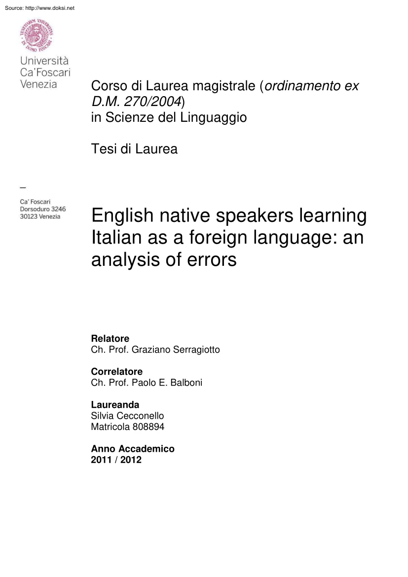 Serragiotto-Balboni - English Native Speakers Learning Italian as a Foreign Language, An Analysis of Errors