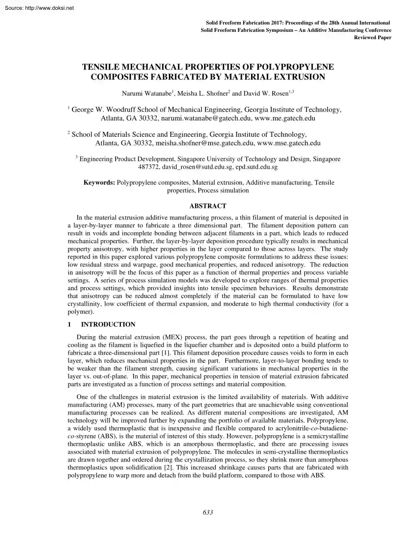 Watanabe-Shofner-Rosen - Tensile Mechanical Properties of Polypropylene Composites Fabricated by Material Extrusion