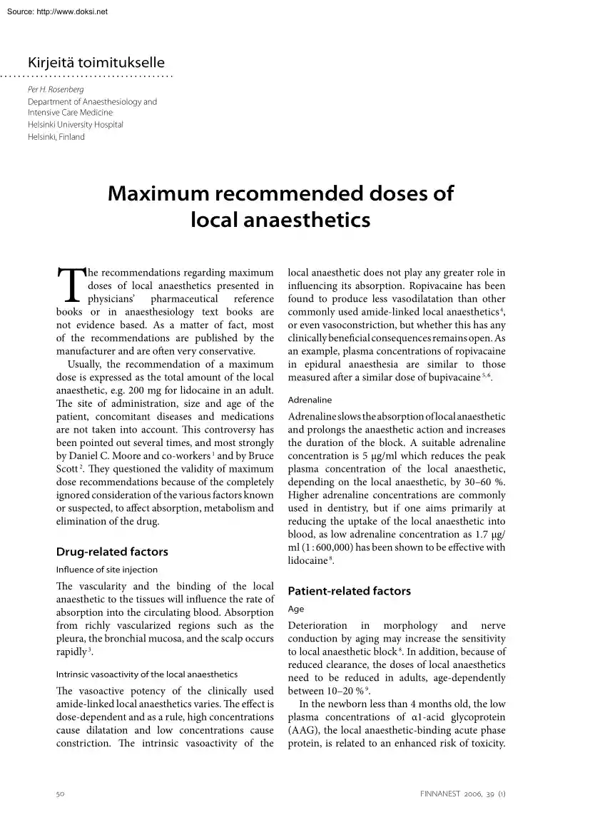 Per H. Rosenberg - Maximum Recommended doses of Local Anaesthetics