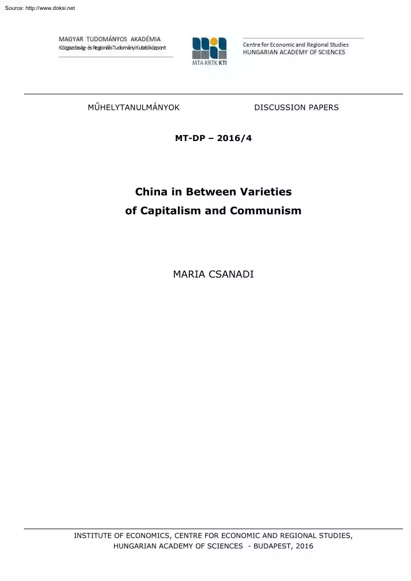 Maria Csanadi - China in Between Varieties of Capitalism and Communism