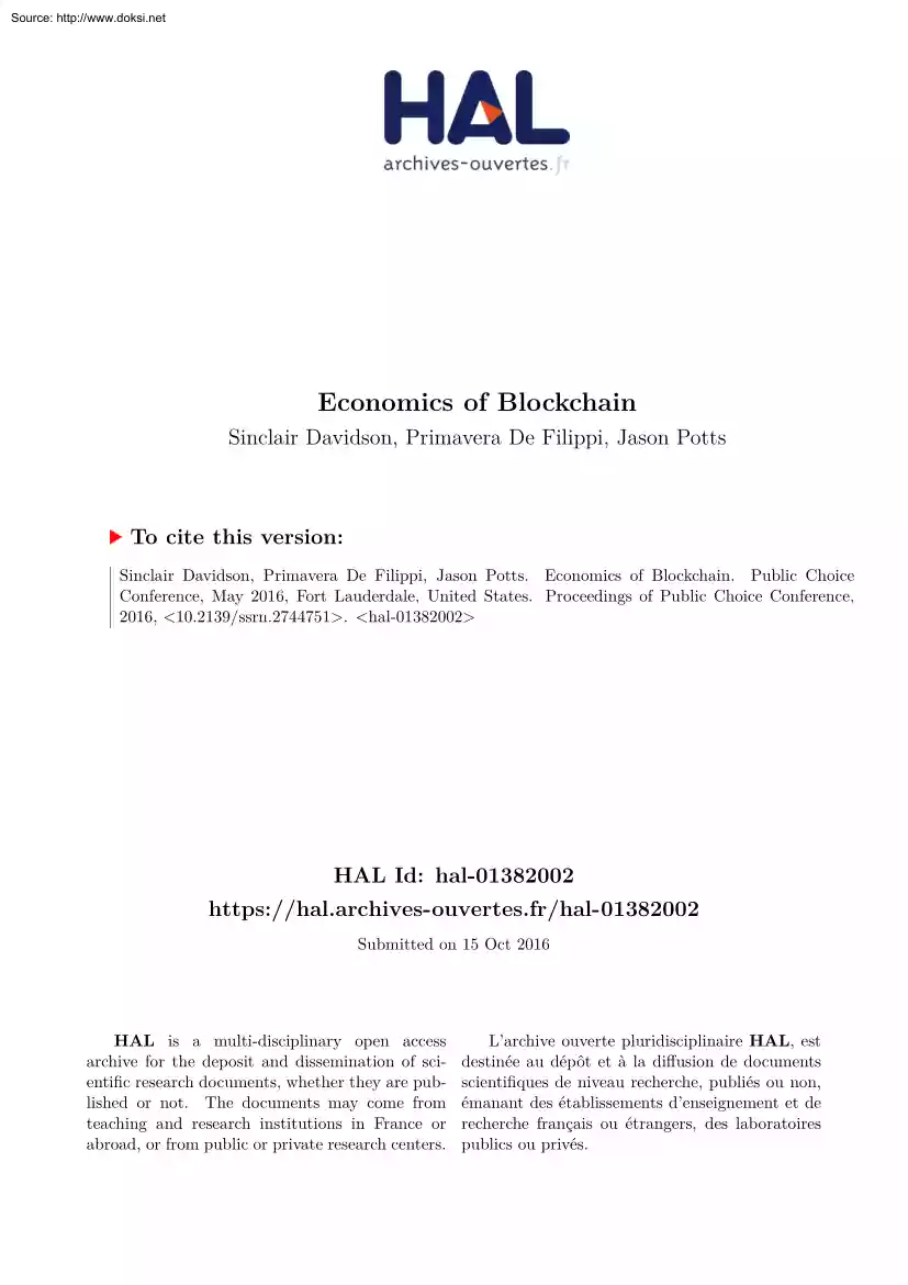 Davidson-Filippi-Potts - Economics of Blockchain
