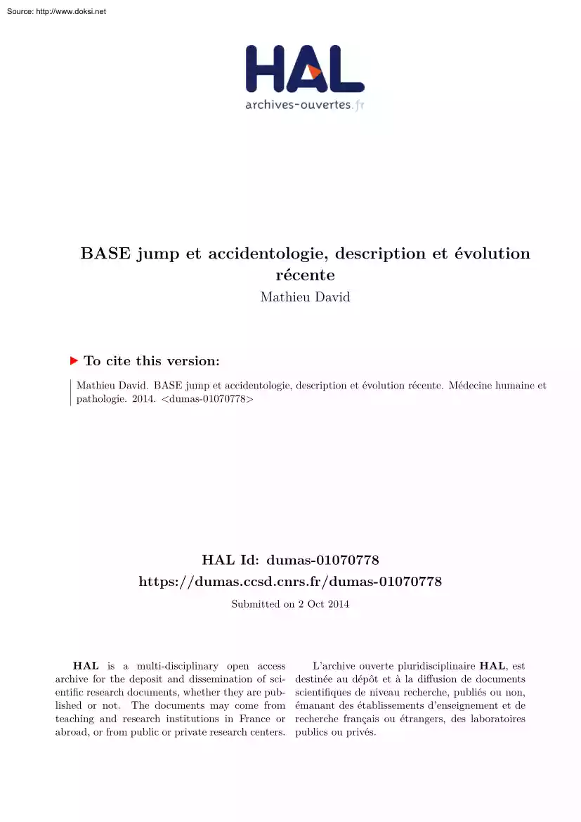 Mathieu David - BASE Jump et Accidentologie, Description et Évolution Récente