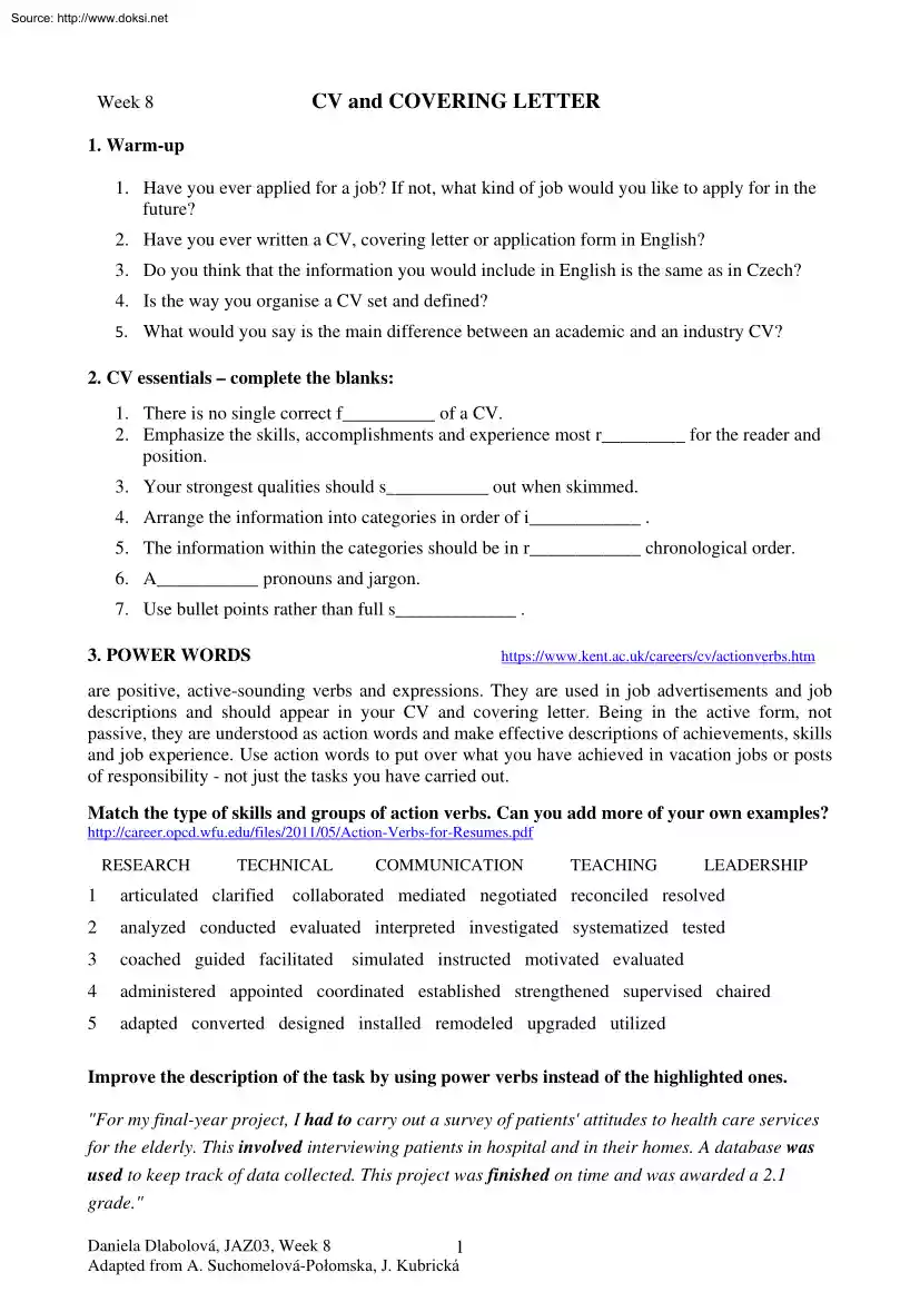 CV and Covering Letter