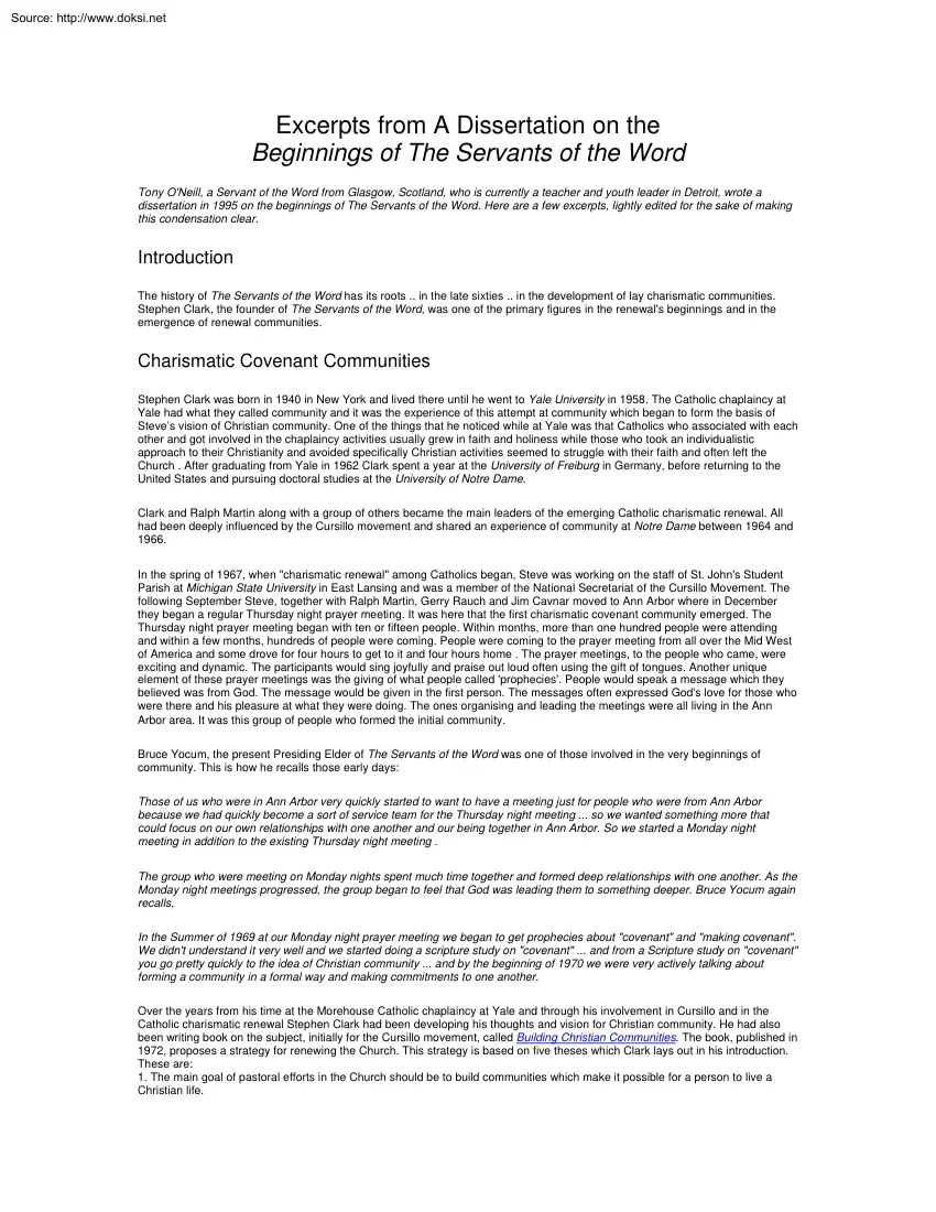 Excerpts from A Dissertation on the Beginnings of The Servants of the Word