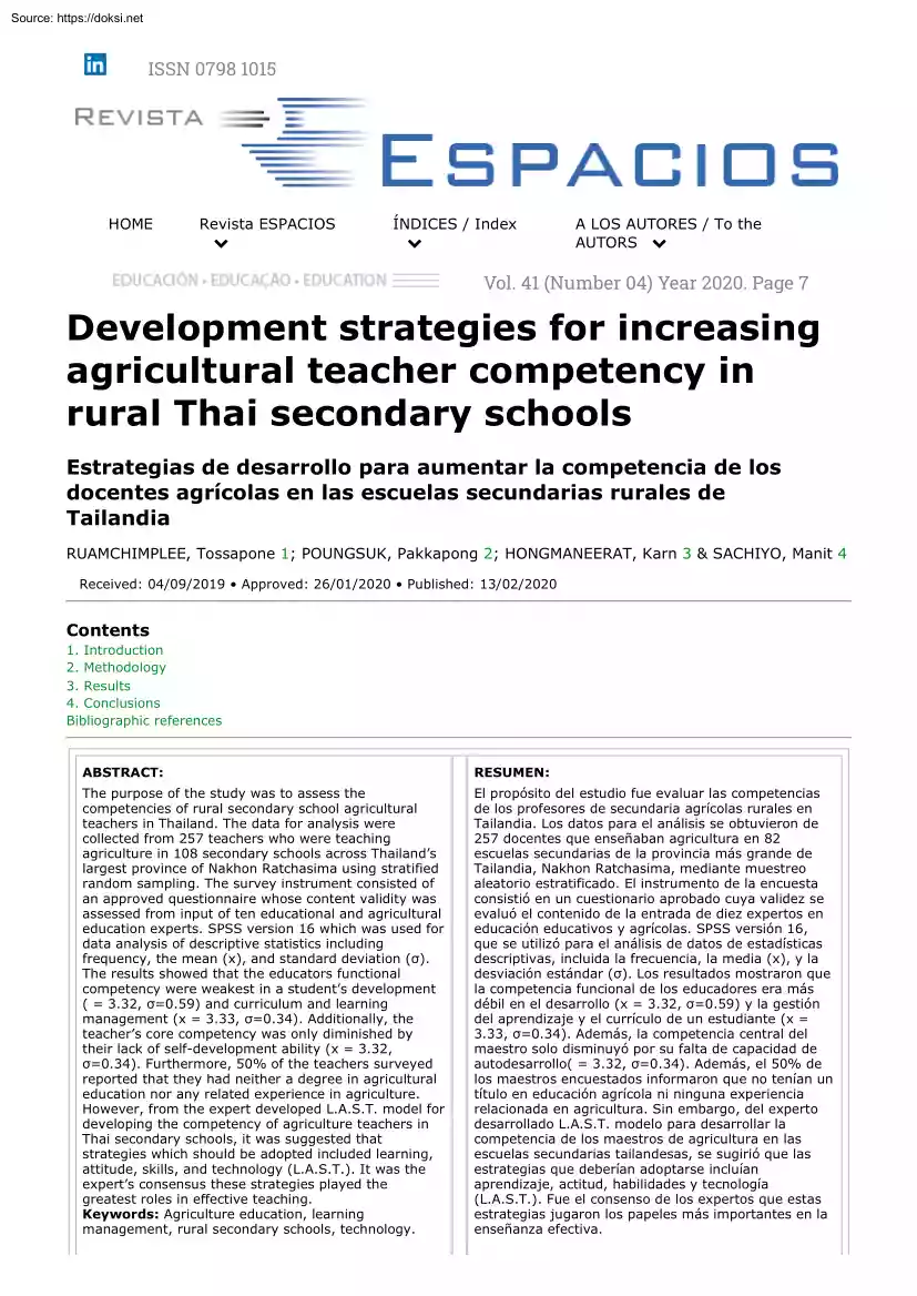 Development strategies for increasing agricultural teacher competency in rural Thai secondary schools