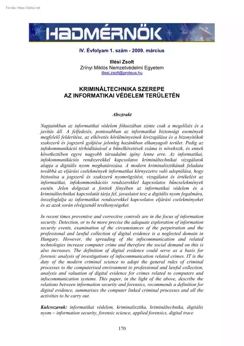 Illési Zsolt - Krimináltechnika szerepe az informatikai védelem területén