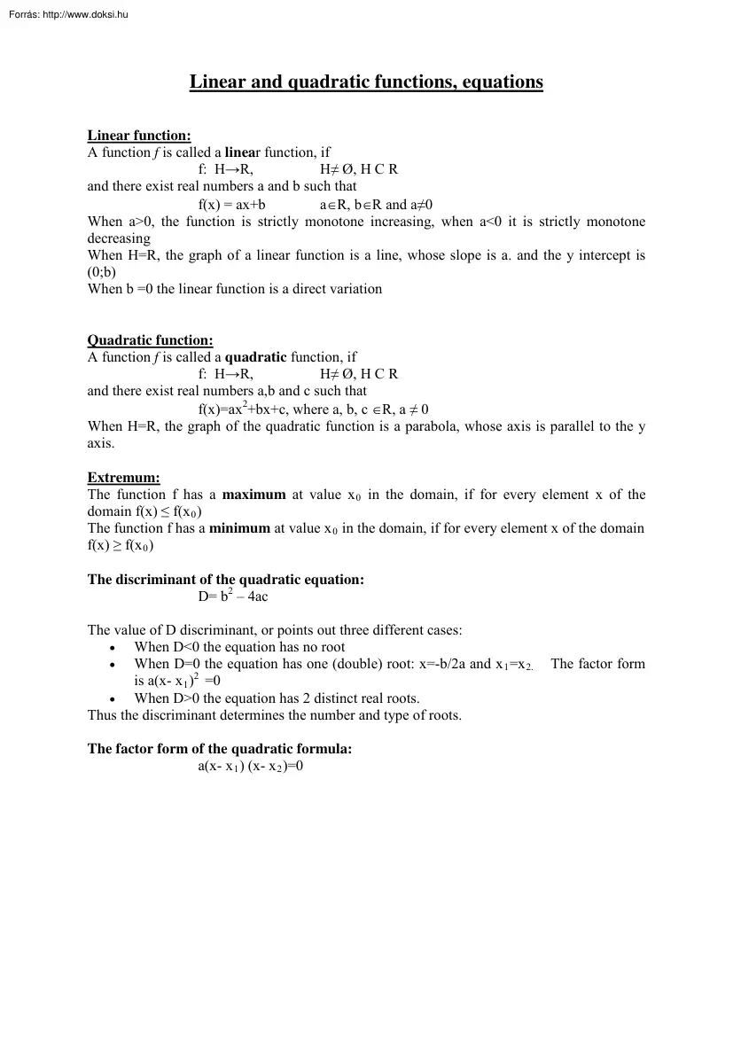 Linear and quadratic functions, equations