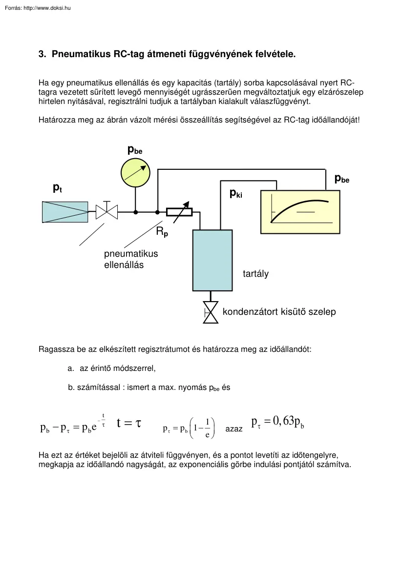 Pneumatikus RC-tag átmeneti függvényének felvétele